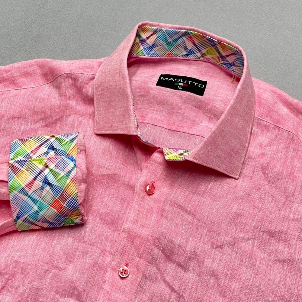 Masutto Mens Button shirt Pink Linen Robert Graham BUGATCHI Italian Flip cuff XL
